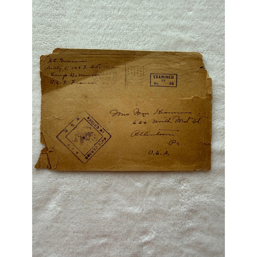"WWI 1918 Soldier Mail Censored Cover 109th Field Artillery 28th Div, Camp Dix‎